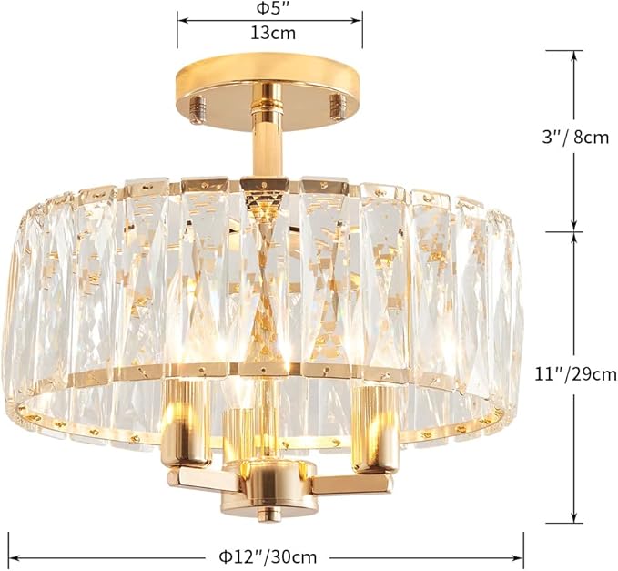 AGV LIGHTING CL003G K9 Crystal Semi Flush Mount Ceiling Light Fixture, E12 Base 3-Lights, D13 x H15, Shine Gold & Black Finish
