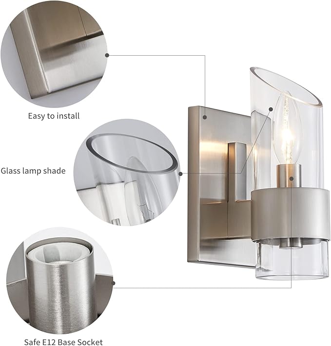 WUZUPS Set of 2 1-Light Bathroom Wall Light Fixture Over Mirror Class Shade Morden Vanity Scones for Bathroom Bedroom Living Room, E12 Base, Brushed Nickel