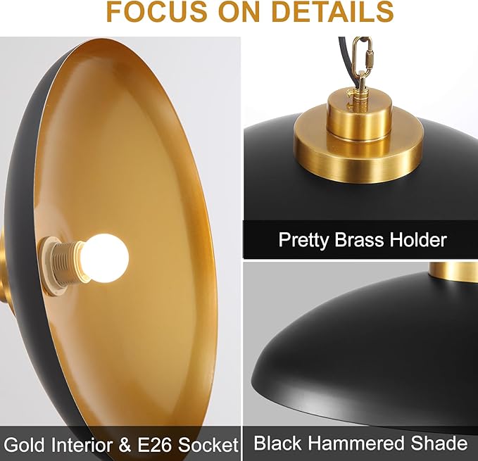 15.8 Inch Large Black and Gold Pendant Light, Industrial Pendant Lighting Fixtures, Vintage Dome Ceiling Hanging Lamp for Kitchen Island Dining Room