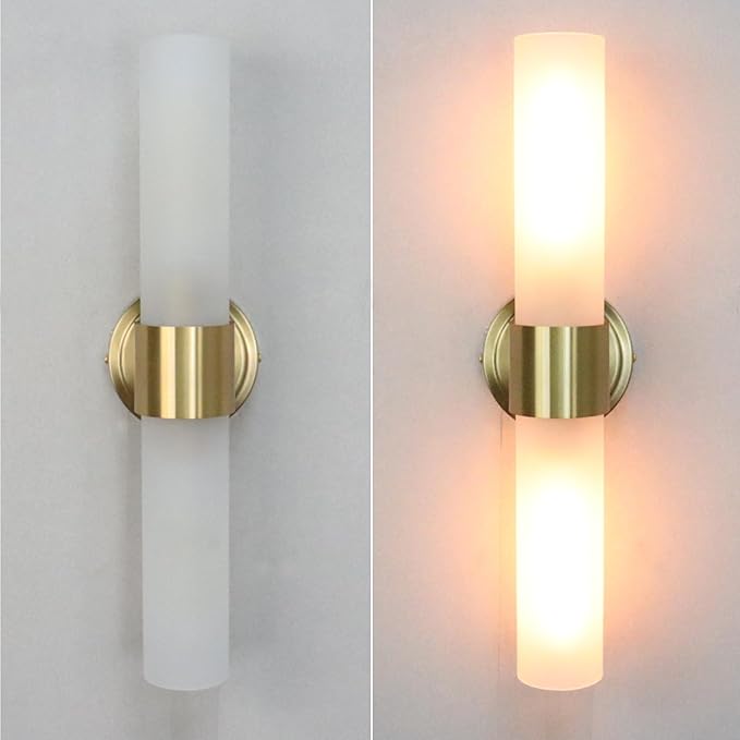 DAYCENT Gold Bathroom Light Fixtures 2-Light Frosted Glass Wall Sconce Modern Brass Glass Wall Light Fixtures Cylinder Vanity Lights Bedside Mirror Lighting for Hallway Bedroom, 20" H