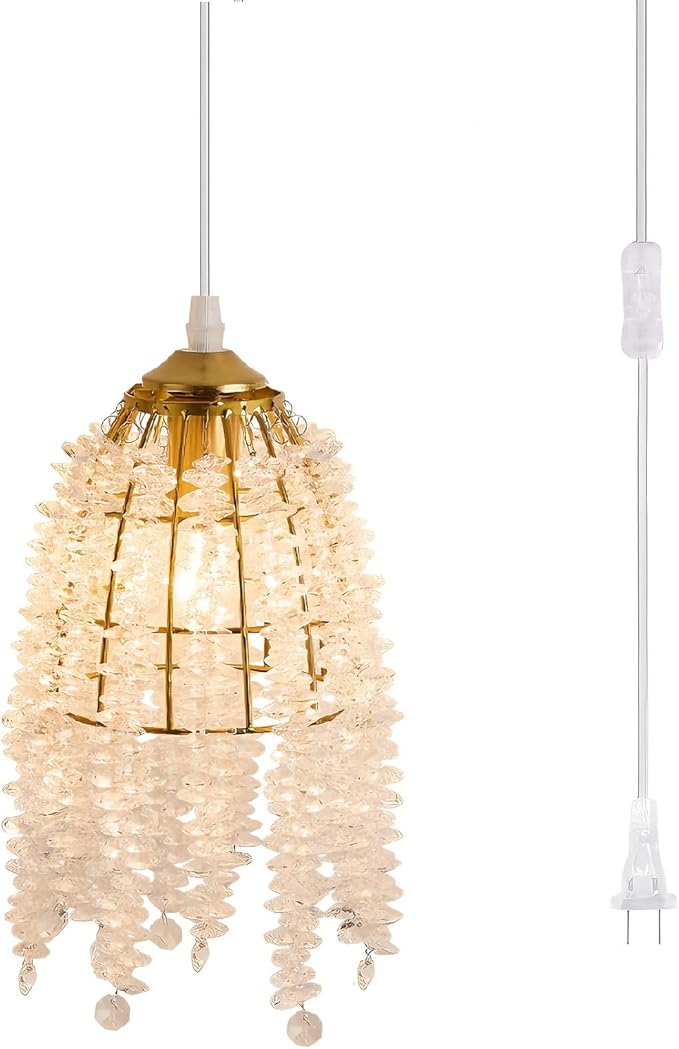 Surpars House Elegant Mini Chandelier Plug in Crystal Pendant Light,Golden (Plug in Style B)