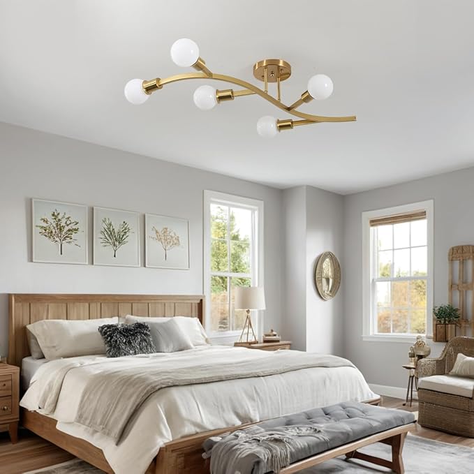 Gold Modern Sputnik Ceiling Light Fixture 5-Lights,Mid Centur Minimalist Semi Flush Mount Sputnik Chandelier for Living Room,Dining Room,Bedroom,Hallway,Kitchen(Bulbs Not Included)