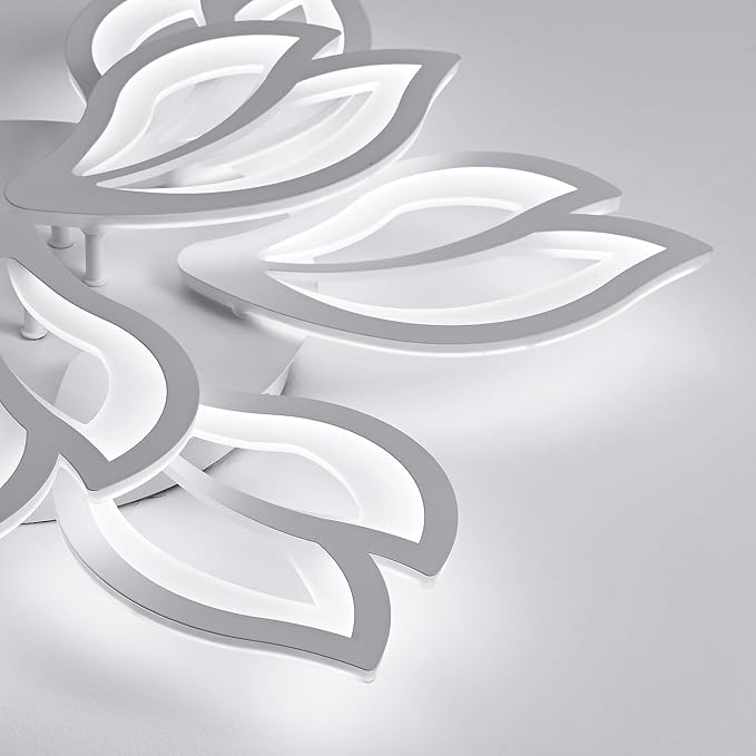 HuixuTe Modern White Flower Ceiling Light Fixture, 30 Inch Dimmable Flush Mount with 12 Leaves, Low Profile for Living Room, Dining Room, Bedroom