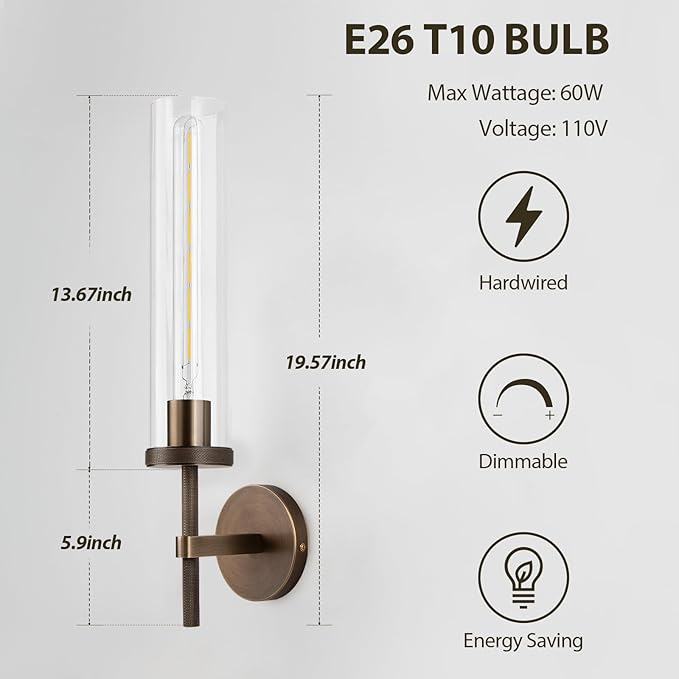 19.5" Knurled Brass Wall Sconces Set of 2, Bronze Bathroom Vanity Light Fixtures with Clear Glass Tube, Modern Lamp Lighting for Bedroom, Living Room, Hallway, Staircase, Mirror, Kitchen