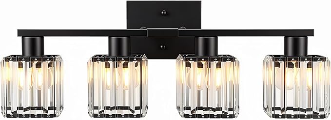Crystal Bathroom Light Fixtures, 4-Light Matte Black, Vanity Lights for Bathroom Over Mirror, Modern Bath Wall Sconce for Mirror Bedroom Living Room