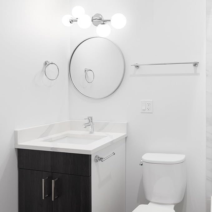 Bathroom Vanity Lights, Mid Century Modern 5-Light Bathroom Light Fixtures, Chrome Bathroom Lights Ceiling Light, Wall Sconces Wall Mount Light Fixtures with Milk Globe Glass, Chrome Finish, G9 Base
