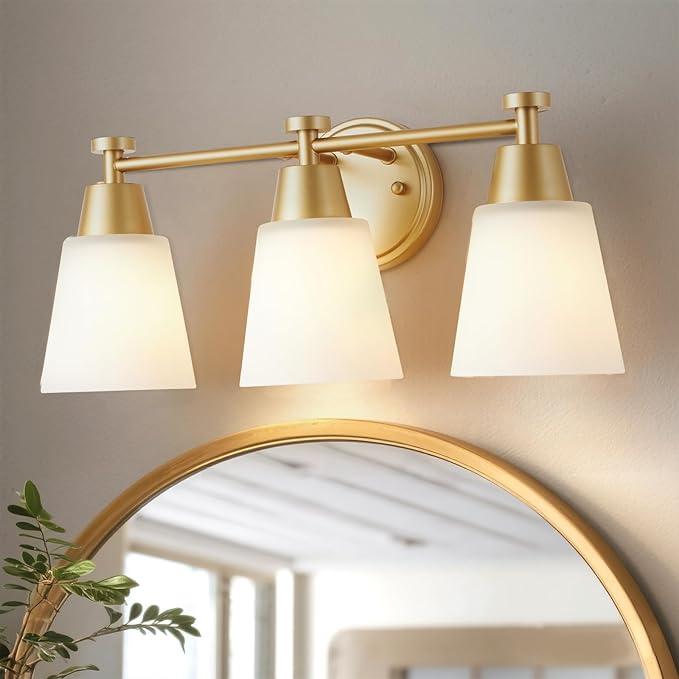 Milk Glass Bathroom Vanity Light Over Mirror, 3 Light Brushed Gold Stainless Steel Wall Mount Modern Vanity Light Fixture with Frosted Glass for Bathroom