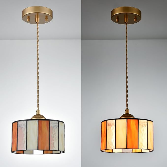 7.7-Inch Tiffany Style Pendant Lights Kitchen Island, Vintage Tiffany Hanging Light with Stained Glass Pendant Light Fixture for Dining Room Bedroom Hallway Bar Home Office