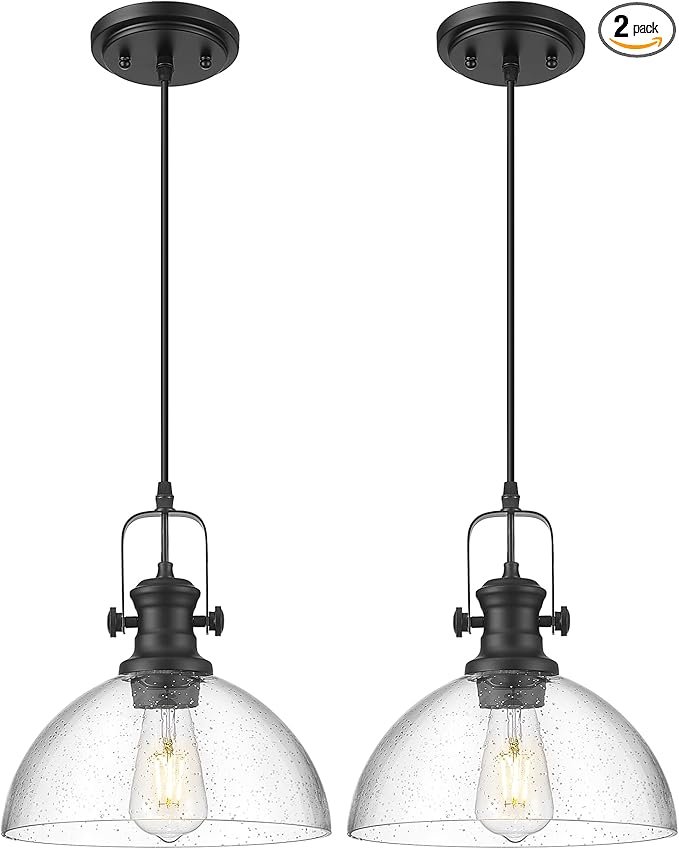 2-Pack Black Pendant Lights Kitchen Island, 10.5" Farmhouse Pendant Lighting with Clear Seeded Glass Shade, Vintage Hanging Light Fixtures for Dining Room, AD-22151-1P2L-BK