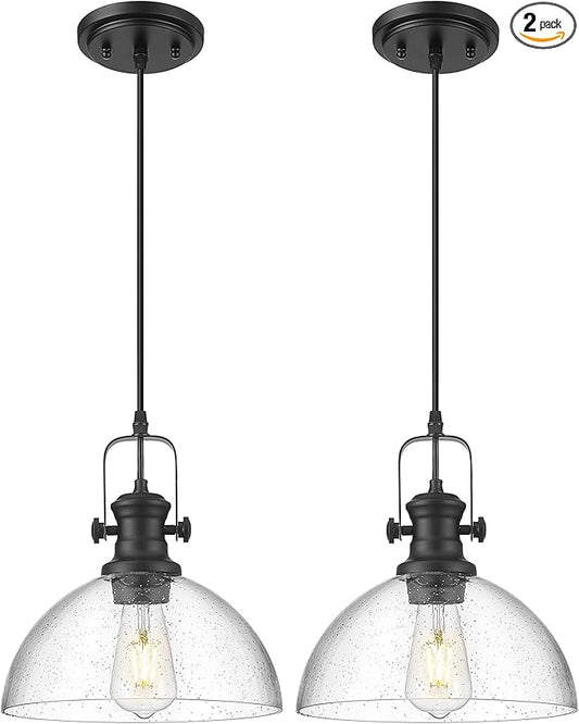 2-Pack Black Pendant Lights Kitchen Island, 10.5" Farmhouse Pendant Lighting with Clear Seeded Glass Shade, Vintage Hanging Light Fixtures for Dining Room, AD-22151-1P2L-BK