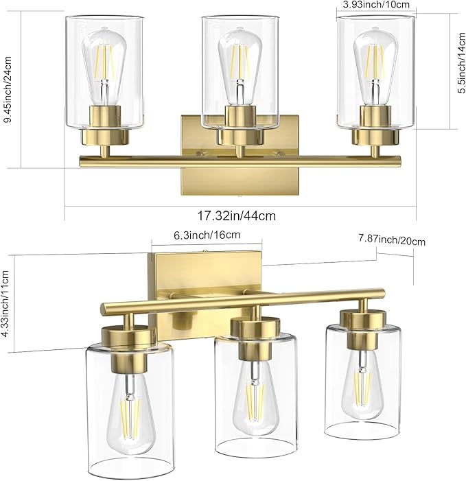 Gold Bathroom Light Fixtures, Modern Bathroom Vanity Light with Clear Glass Shade, 3 Lights Brushed Brass Bath Wall Mount Lights, Gold Wall Sconce for Kitchen Bedroom Hallway Living Room Hallway