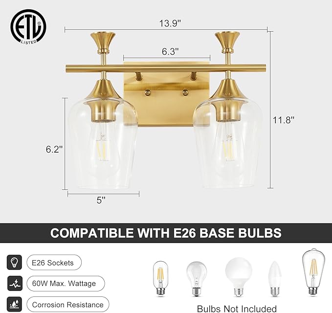 Bathroom Light Fixtures (2-Light, 14 Inch), Brushed Gold Vanity Lights for Bathroom with Clear Wine Glass Glass Shade, Modern Vanity Wall Lights for Mirror Bedroom Living Room Kitchen Hallway Porch