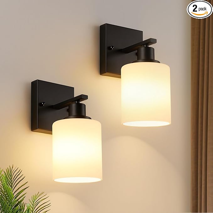 MOKATNG Set of 2 Wall Sconces for Bathroom,Black Modern Vanity Lights with White Glass Shade,Bathroom Wall Lamp for Mirror Kitchen Living Room Hallway Cabinet Porch