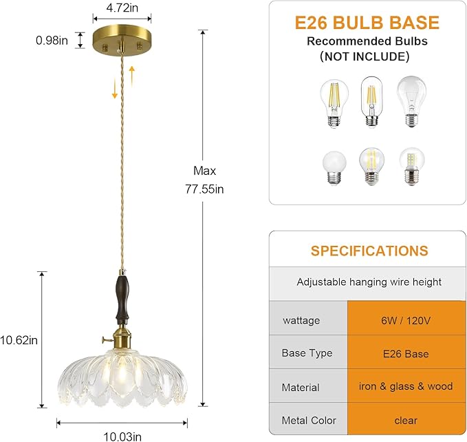 Modern Clear Glass Pendant Light Retro Flower Glass Hanging Lamp Gold Brass Decorative Adjustable Ceiling Hanging Light Suitable for Kitchen Island Bedroom Dining Room Living Room