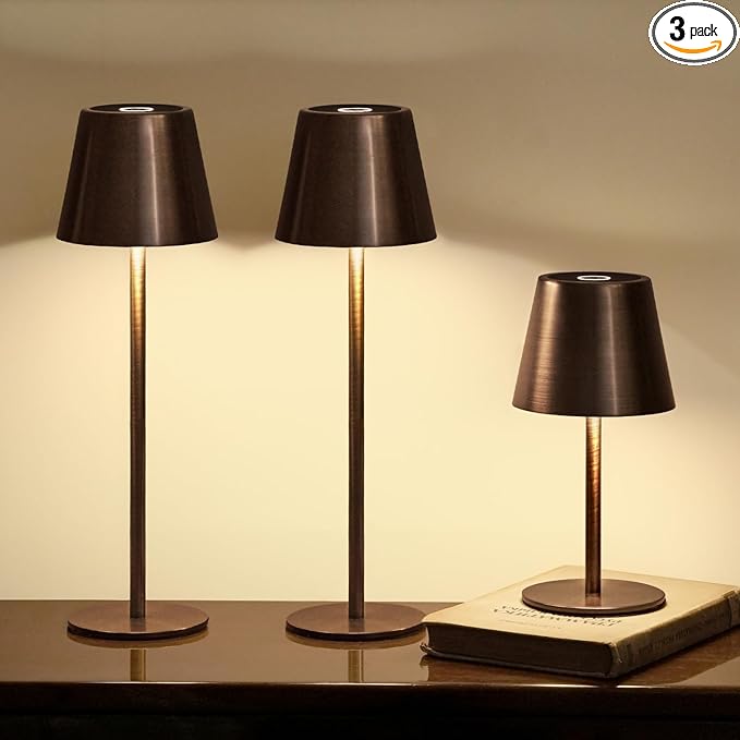3 Pack Cordless Table Lamp, Portable Battery Operated Lamp with 3 Color Temps and Stepless Dimming, Rechargeable Table Lamp for Dinner, Desk, Cafe, Outdoor (Brushed Mocha)