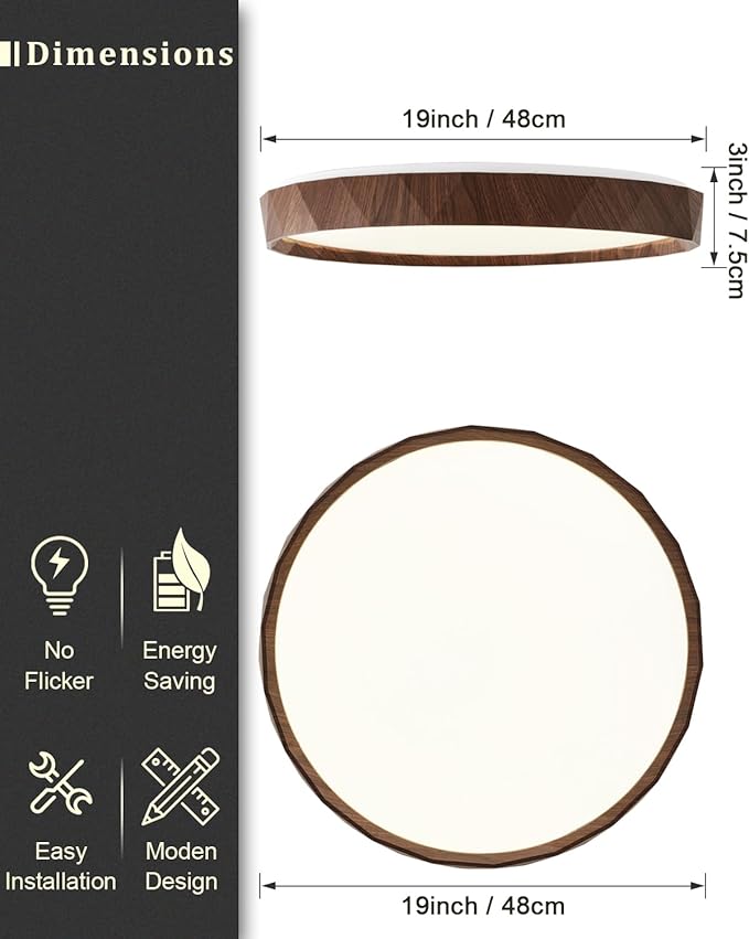 ANYLOVE 19 inch LED Flush Mount Ceiling Light Fixture,3000K 4000K 5000K Adjustable Ceiling Lights, Farmhouse Walnut Wood Grain Ceiling Light for Bedroom Hallway Bathroom Kitchen