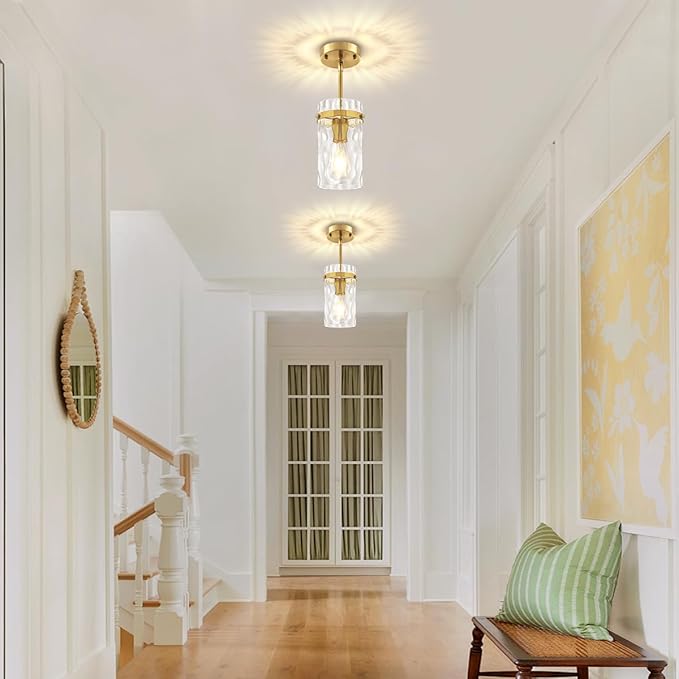 3 Pack Brushed Gold Pendant Lights Kitchen Island, Hammered Glass Kitchen Pendant Lighting Over Island Adjustable Hanging Bathroom Light Fixtures Modern Pendant Light for Dining Room Hallway Foyer