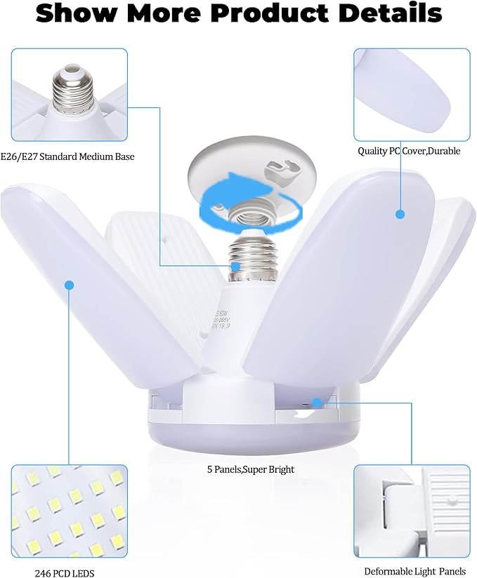 4 Pack LED Garage Lights, 6000LM 60W Deformable Shop Light with 4 Adjustable Panels, 6000K Garage Lights Ceiling Led, E26 Base - 360° Foldable Design for Warehouse/Basement/Workshop