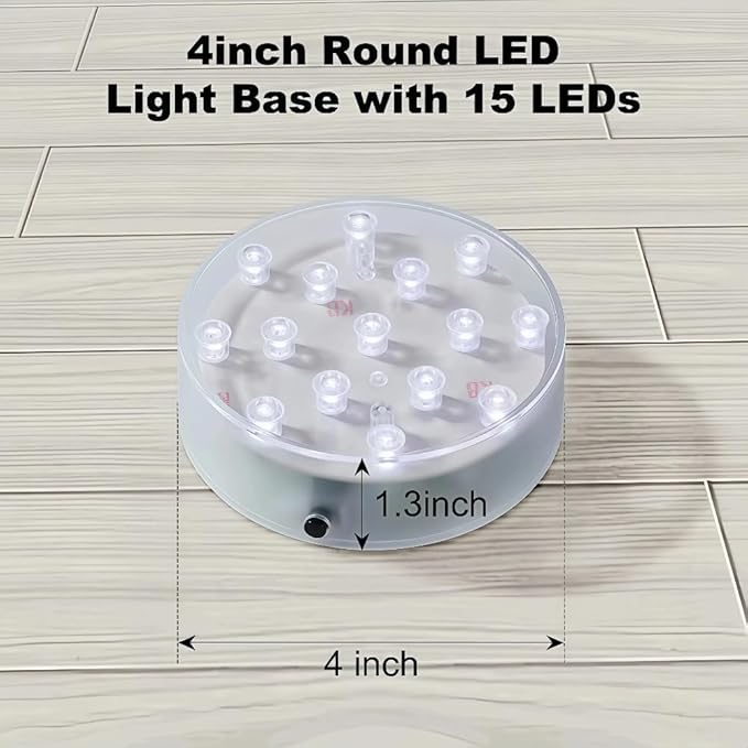 Simplelight 4 Inch Round LED Light Base- Perfect for Glass Art, Ideal Led Display for Vases, Centerpieces-AA Batteries Included (4inch Round Vase Base Light, White), Set of 4