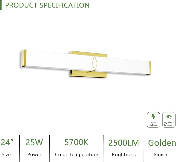 24 Inch Bathroom Vanity Light 2500LM, 5700K Daylight White Modern Bathroom Light Dimmable, AC 120V 25W Gold LED Vanity Lighting Fixtures Wall Sconce ETL Certified, 1Pack