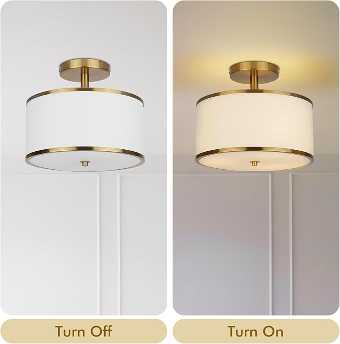 12.6" Semi Flush Mount Ceiling Light Fixtures,3-Light Drum Light,Antique Brass with White Fabric Shade,Light Fixtures Ceiling Mount for Bedroom,Dinning Room,Living Room,Nursery, Kitchen