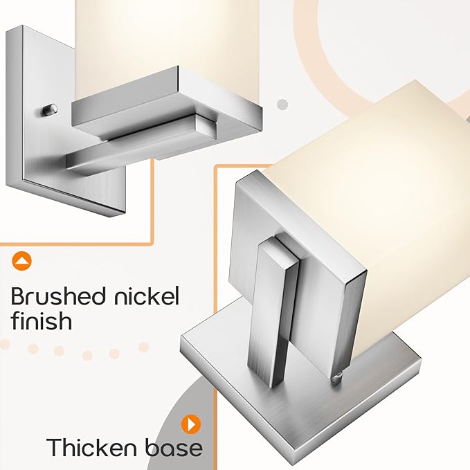 Bathroom Lighting Fixtures Brushed Nickel Vanity Lights with White Frosted Glass Shade, Wall Lamps Over Mirror for Bedroom Porch, 2 Pack T003BR-L1-P2
