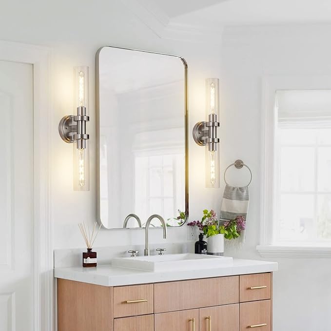 SANTOSTOCK Brushed Nickel 2-Light Bathroom Vanity Light Fixture, Modern Bathroom Sconces Wall Lighting W/Clear Glass Shade, Horizontal and Vertical Wall Mount Lamp for Mirror Hallway Kitchen