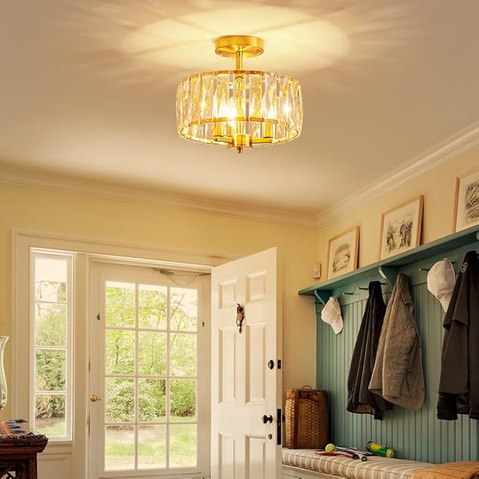 AGV LIGHTING CL003CO Crystal Semi Flush Mount Ceiling Light Fixture, E12 Base 3-Lights, D13 x H15, Copper Finish