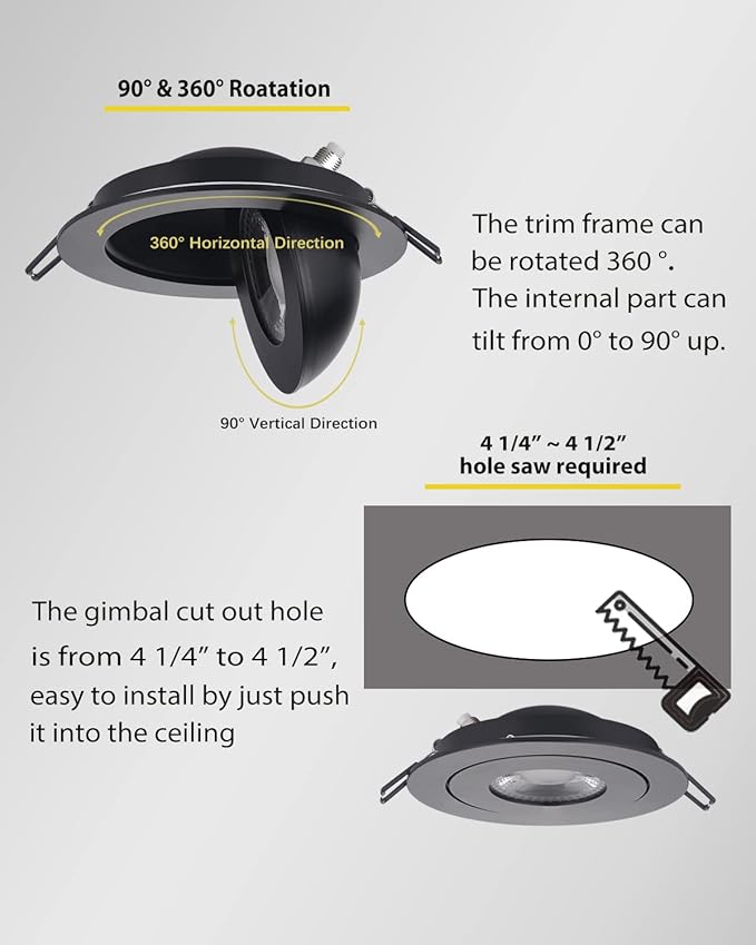 POPANU Gimbal LED Recessed Light - 4 Inch Black 9W 360° Rotation Directional Adjustable Eyeball Sloped Ceiling Recessed Lighting 4 inch Light Wafer Soffit Indoor Spotlight Canless Black 4 inch 6 Pack
