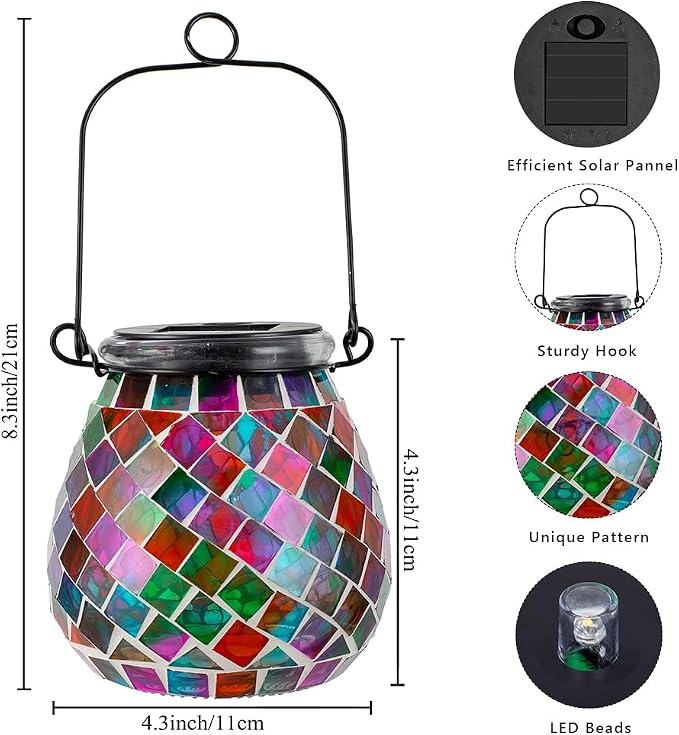 Stargarden 4 Pack Mosaic Solar Lanterns Outdoor Waterproof, Colorful Glass Hanging Lantern Decorative Solar Lights for Yard, Patio, Lawn, Gaden Decor