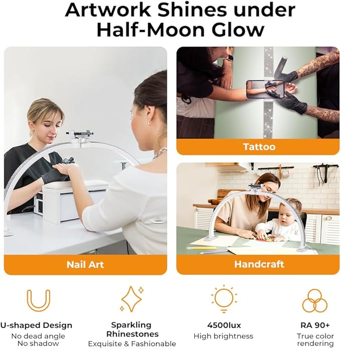 Janolia Half Moon Light for Nail Desk, 29In Nail Tech Lamp Table Light, 7 Color Modes, 10 Brightness for Tattoo/Eyelashes/Spa/Salon/Makeup, with Phone Holder