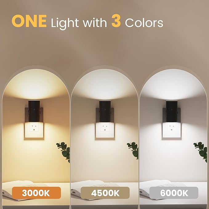 VOLISUN Night Lights Plug into Wall, Dimmable LED Nightlight with Dusk to Dawn Light Sensor, 0-100LM Adjustable Brightness, 3 Color Temperatures, Smaller Plug Black 2 Pack for Hallway,Bedroom,Bathroom