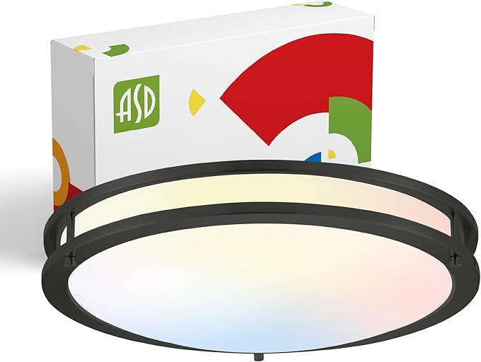 ASD LED 18" Round Flush Mount Lighting, Close to Ceiling Light Fixture | 3CCT, Dimmable, Energy Star, ETL Listed | 28W 2230LM 3000-5000K 120V | Low Profile Double Ring Lamp | Black