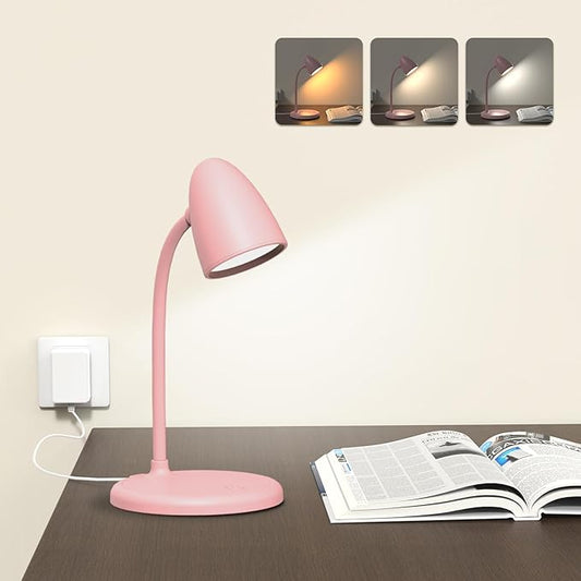 LED Desk Lamp for Home Office,3 Light Colors, Table Lamp,Dimmable Reading Light for Bedside Small Desk Lamp for College Dorm Room,Bedroom Desk Light Pink