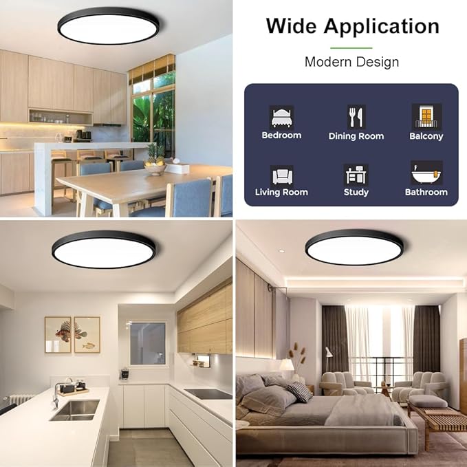 LightingWill 15.7 Inch Black Flush Mount LED Ceiling Light Fixture 32W, 4000K Daylight White, 3800LM, Flat Modern Round Closet Lighting Fixtures, Low Profile Ceiling Lamp for Bedrooms, Hallway .etc.