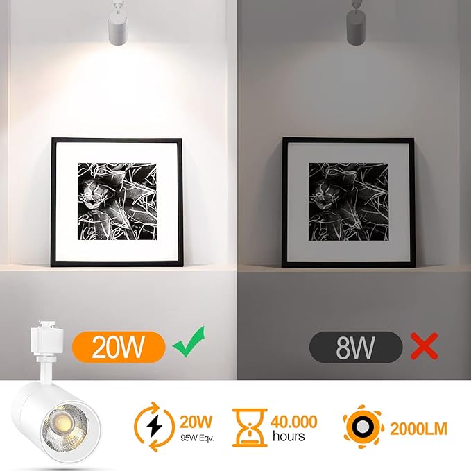 VANoopee 3-Color J Type Track Lighting Heads 20W for Juno Rail - Dimmable Bright LED Track Light Fixtures 3000K 4000K 5000K Ceiling Spotlight for Accent Task, No Flicker CRI90+ 36° 2000lm White 3 Pack