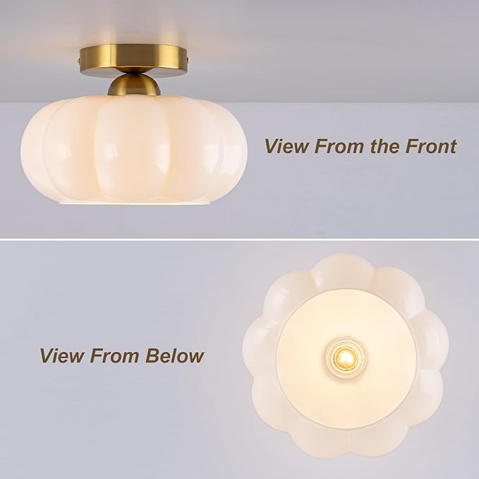 9.84" Mid-Century Modern Semi Flush Mount Ceiling Light,1-Light Brushed Gold Ceiling Light Fixture with Opal Milky White Glass Shade,Dimmable Mini Bedroom Light Fixture for Kitchen,Hallway,Entryway