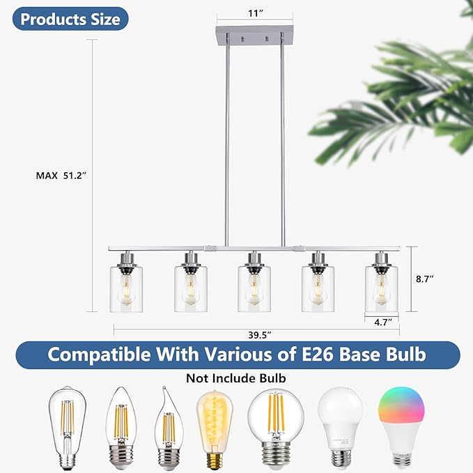 39.4" Kitchen Island Lighting, 5 Lights Clear Glass Pendant Light Fixtue, Chrome Linear Metal Chandelier for Dining&Living Room Foyer,Height Adjustable,E26 Socket