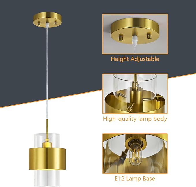 Modern Gold Pendant Lighting Indoor Kitchen Island Pendant Light Glass Shade Ceiling Light Fixtures for Bedroom Dining Room Living Room(2-Pack)