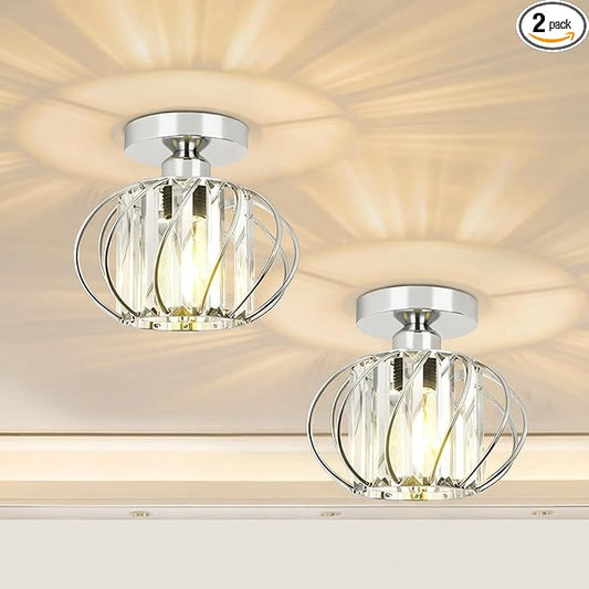 FRIDEKO HOME Crystal Ceiling Light Fixture - Crystal Chandelier Small Semi Flush Mount Ceiling Light Modern Lights Ceiling Mount for Hallway Kitchen Entryway Bedroom Bathroom (2 Pack, 7.48 Inch)
