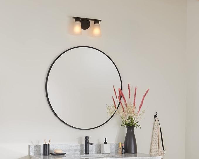 Kichler Stamos 2-Light Bathroom Vanity Light with Satch Etched Glass Shades, 13" Modern Wall Light in Olde Bronze®, (13" x 8" x 5")