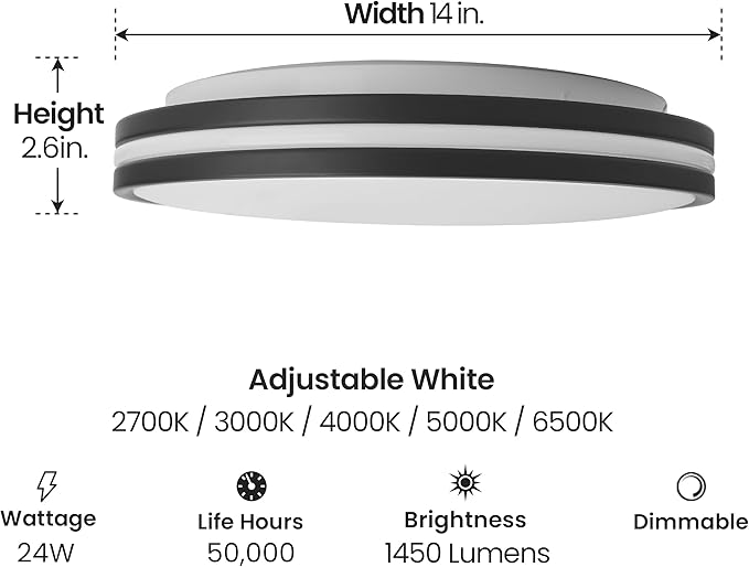 Feit Electric 14" Adjustable White LED Ceiling Fixture, Dimmable Flush Mount Light, Selectable Color Temperature, Matte Black Dual-Banded Finish, Energy Efficient, 50,000-Hour Lifespan, FM14/DR/6WY/BK