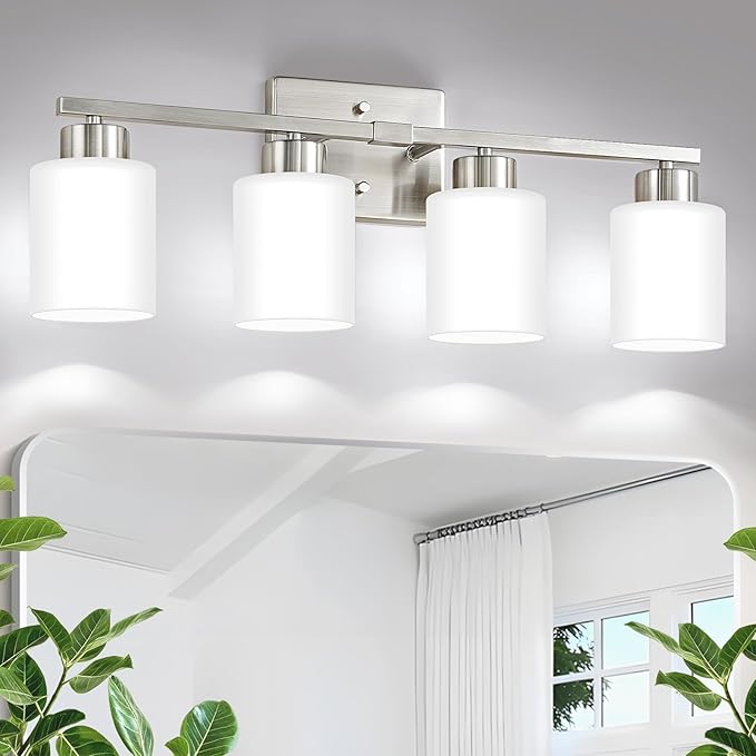 Brushed Nickel Bathroom Light Fixtures, 4-Light Modern Vanity Lights with Milky White Frosted Glass Shades, Wall Sconces for Mirror, Bathroom, Restroom (E26 Socket)