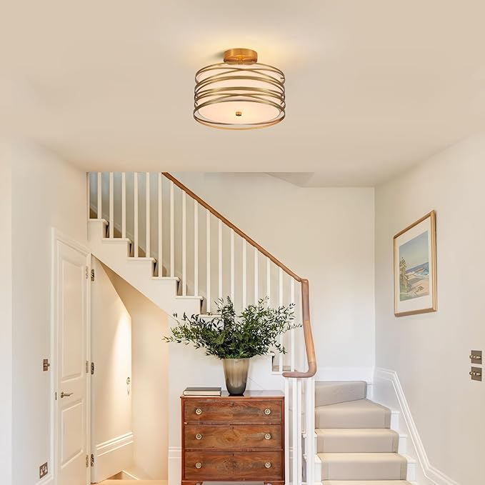Drum Semi Flush Mount Ceiling Light Fixture, Gold Matal & Linen Fabric Shade Ceiling Light, Modern Farmhouse Close to Ceiling Light for Bedroom, Hallway, Entryway, Dining Room, Laundry Room