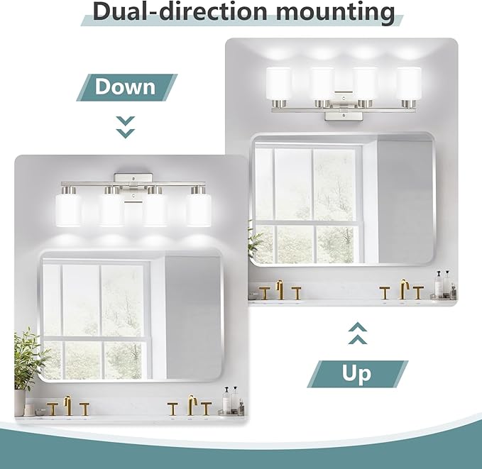 Brushed Nickel Bathroom Light Fixtures, 4-Light Modern Vanity Lights with Milky White Frosted Glass Shades, Wall Sconces for Mirror, Bathroom, Restroom (E26 Socket)