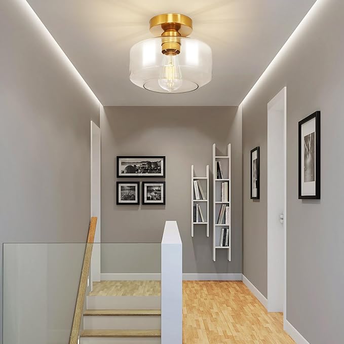 Industrial Semi Flush Mount Ceiling Light: Gold Kitchen Lighting Fixtures Ceiling with Clear Glass - Vintage Hallway Light Fixtures E26 Bulb Included - 8.46” Light Fixtures Mount for Foyer