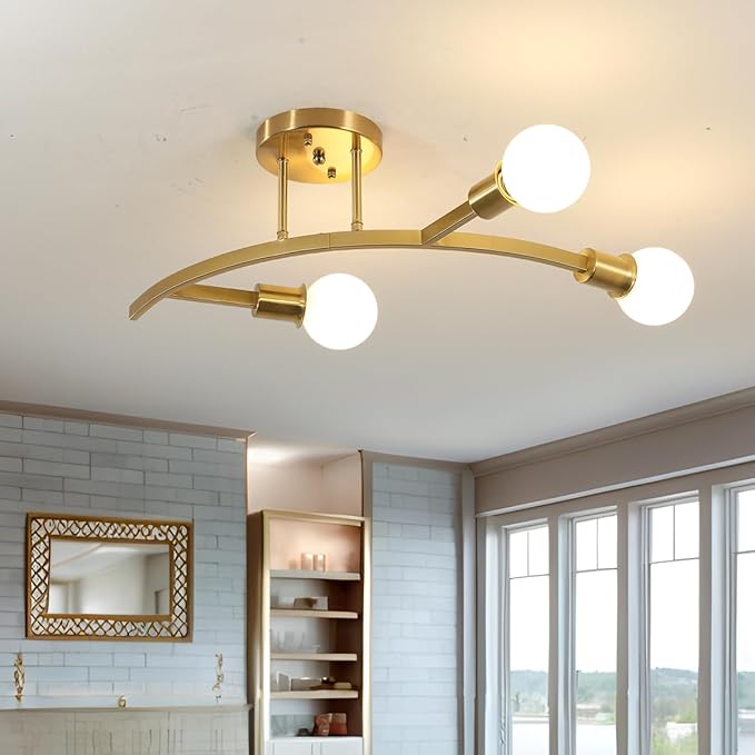 Gold 3-Lights Modern Sputnik Semi Flush Mount Ceiling Light Fixture,Mid Centur Minimalist Sputnik Chandelier for Hallway,Dining Room,Bedroom,Kitchen,Living Room(Bulbs Not Included)