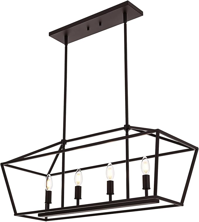 4-Light Kitchen Island Lighting, Dining Room Farmhouse Lantern Chandelier for Over Pool Table Living Room, Pendant Light Fixtures E12 Bulb Base & Oil Rubbed Bronze