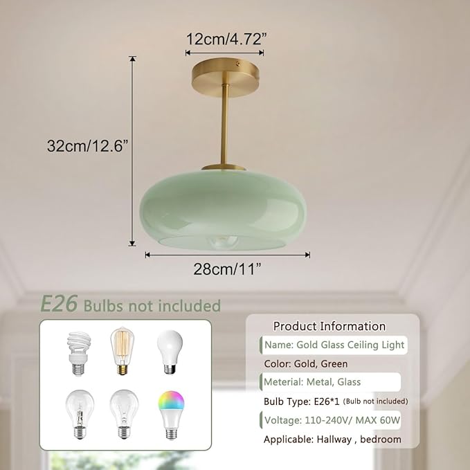 Milk Ceiling Light mid Century Modern Ceiling Light fixtures with Milk Green Glass Shade Gold Semi Flush Mount Ceiling Light, Vintage Glass Ceiling Lamp Hallway Dining Room Kitchen