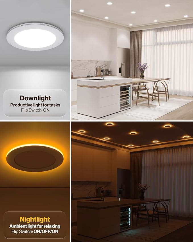 Sunco 6 Pack 4 Inch LED Recessed Lights with Night Light, Slim Ceiling Lighting, 900 Lumens, 11W (80 W Equivalent), Selectable CCT 2700K/3000K/4000K/5000K/6000K, Dimmable, Canless with Junction Box